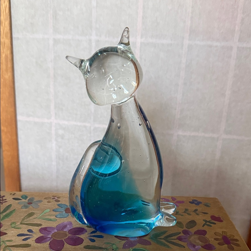 Blue Glass Cat Figurine 7”h